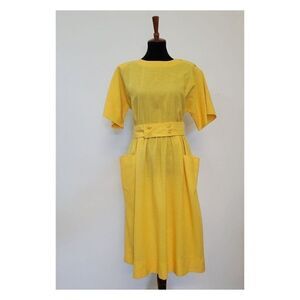 Vintage 1970's Deadstock Bright Yelllow Belted Dress